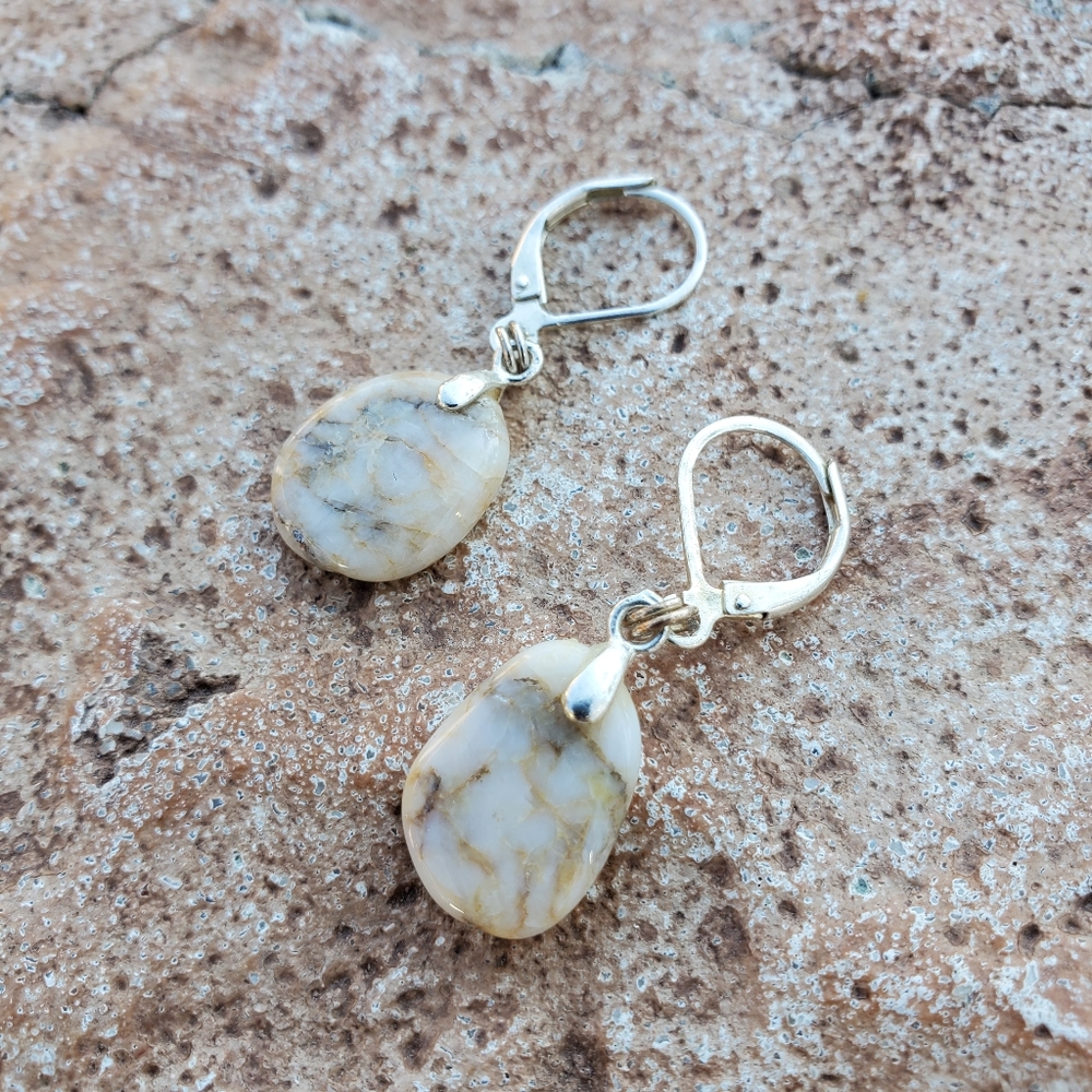 VINTAGE Sterling Silver Raw Stone Earrings Copper Dainty Artisan Marble Boho - Picture 4 of 12